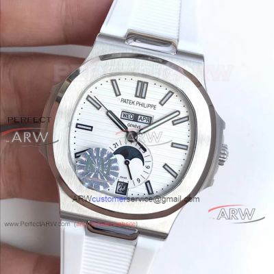 Perfect Replica New Replica Patek Philippe Nautilus Annual Calendar Moonphase White Watch